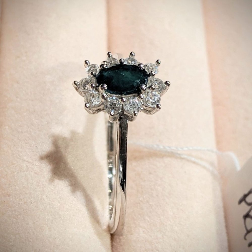 Teal Grandidierite & Natural White Zircon Ring